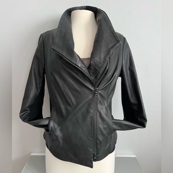 Vince Scuba Leather & Stretch Wool Panel Black Motto Jacket Womens L 8 - Picture 3 of 17